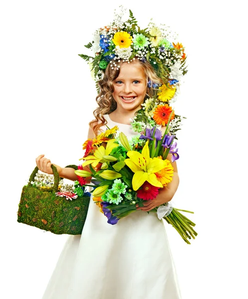 Niño con caja de regalo y flor . — Foto de Stock