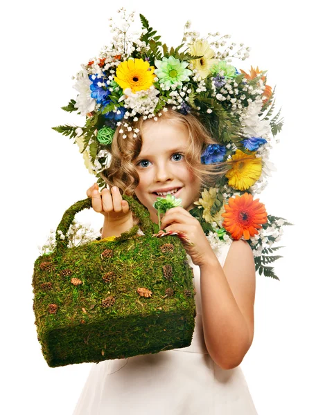 孩子与礼品盒和花. — 图库照片