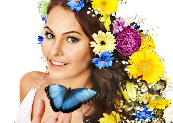 Woman with flower and butterfly. — Stock Photo, Image