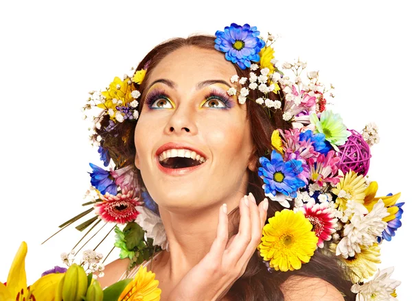 Šťastná žena s květinou. — Stock fotografie