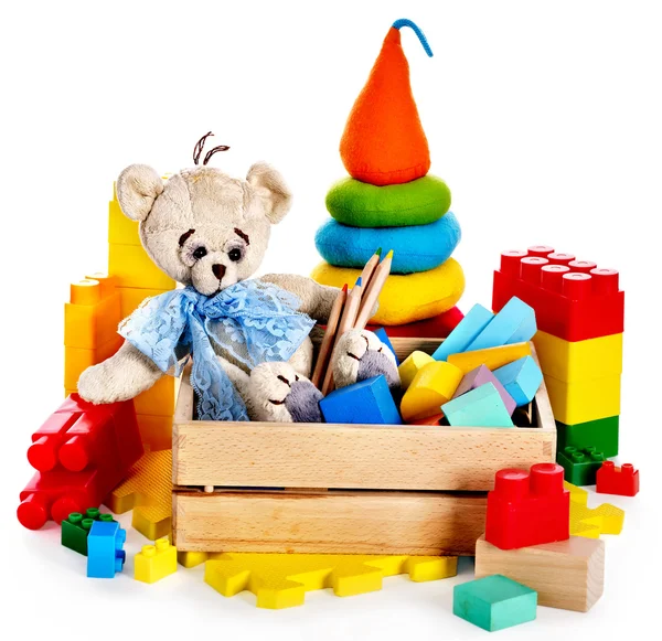 Children toys with teddy bear and cubes. — Stock Photo, Image