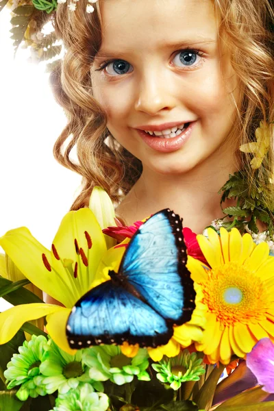 Child with butterfly and flower. — Stock Photo, Image