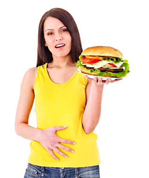 Donna che tiene un hamburger . — Foto Stock