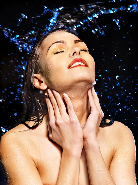 Wet woman face with water drop. — Stock Photo, Image