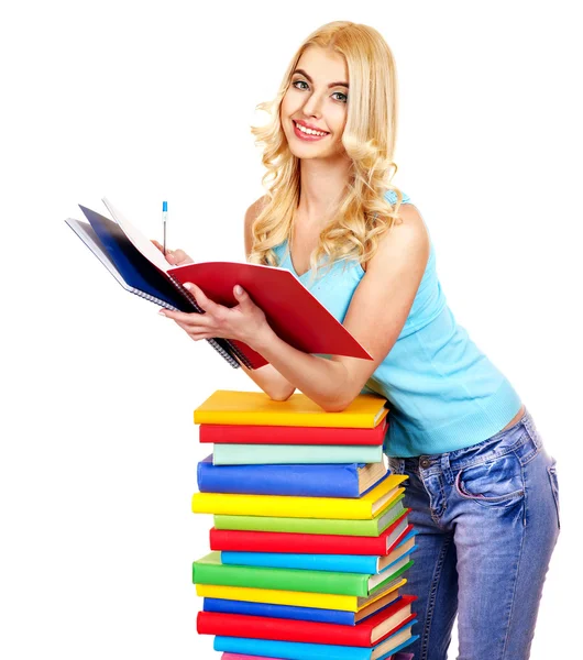 Studente con pila libro . — Foto Stock