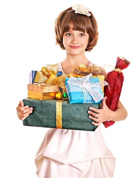Child with gold gift box on birthday. — Stock Photo, Image