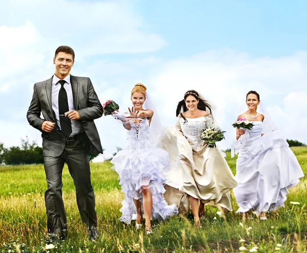 Group bride and groom summer outdoor. — Stock Photo, Image