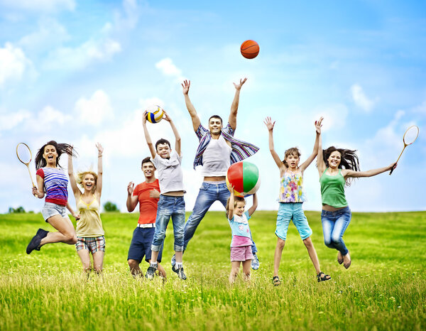 Group with children running.