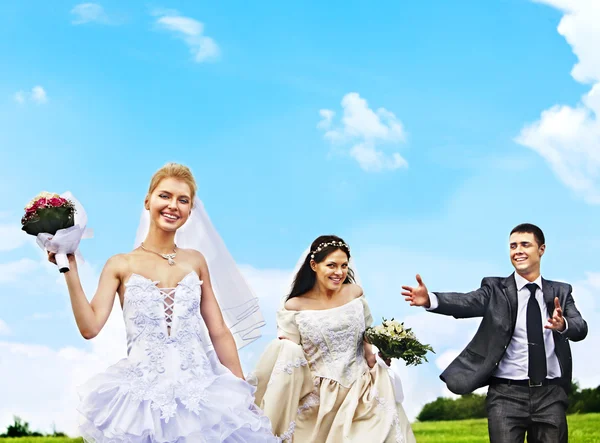 Group bride and groom summer outdoor. — Stock Photo, Image