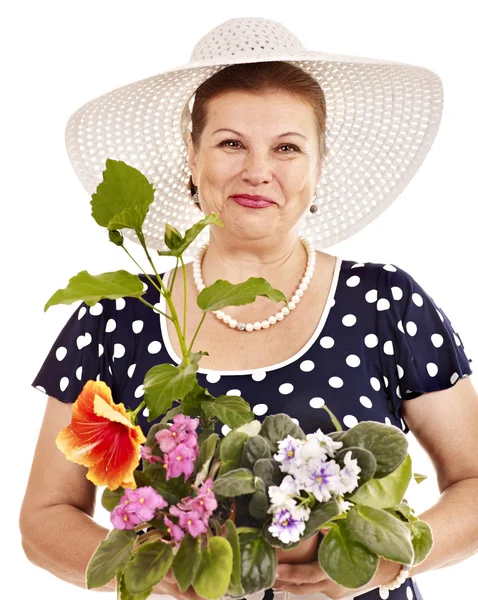 Ανώτερος γυναίκα εκμετάλλευση λουλούδι. — Φωτογραφία Αρχείου