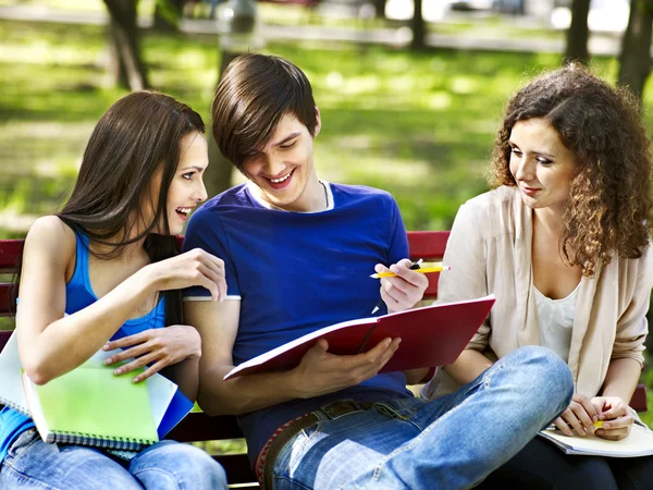 Estudante de grupo com notebook ao ar livre . — Fotografia de Stock