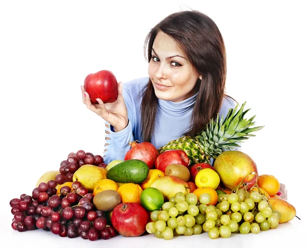 Menina com grupo de frutas e legumes . — Fotografia de Stock