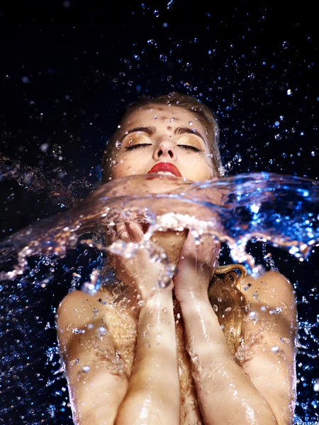 Wet woman face with water drop. — Stock Photo, Image