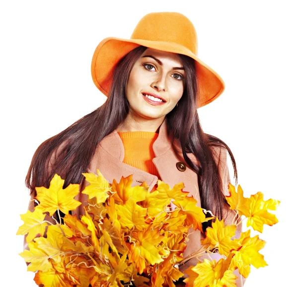 Donna con foglie d'arancio . — Foto Stock