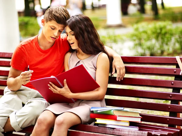 Двое студентов с ноутбуком на открытом воздухе . — стоковое фото