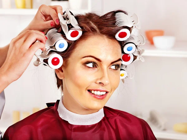 Woman wear hair curlers on head. — Stock Photo, Image