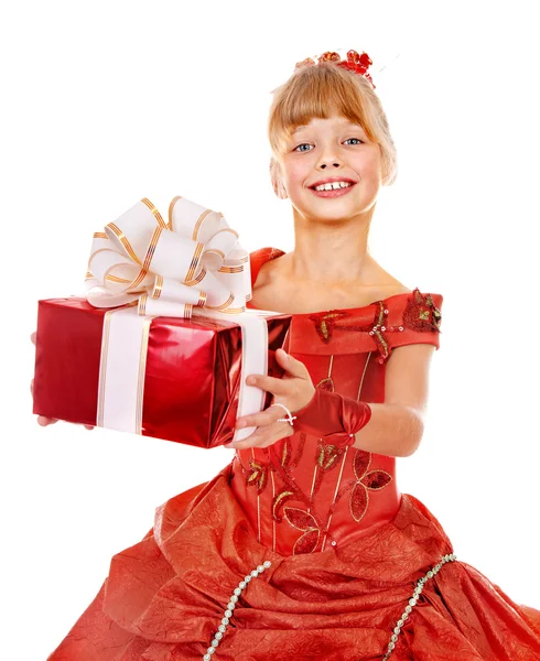 Girl child in red dress with gift box. — Stock Photo, Image
