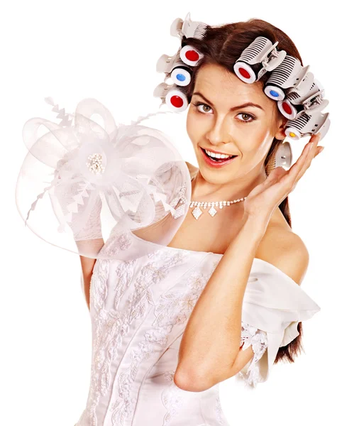 Woman wear hair curlers on head. — Stock Photo, Image