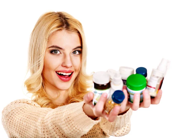 Mujer tomando pastillas y tabletas . — Foto de Stock