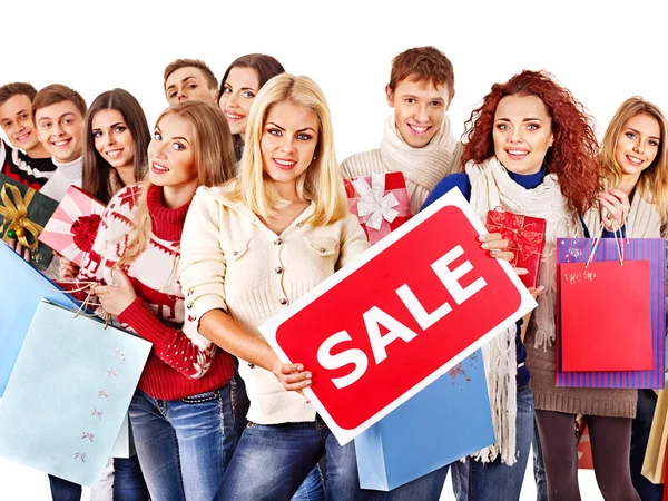 Group people with board sale. — Stock Photo, Image