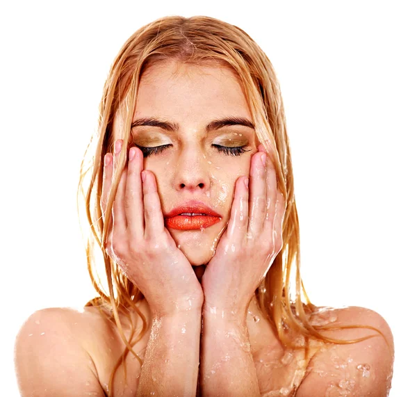 Wet woman face with water drop. — Stock Photo, Image