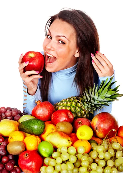 Fille avec groupe de fruits et légumes . — Photo