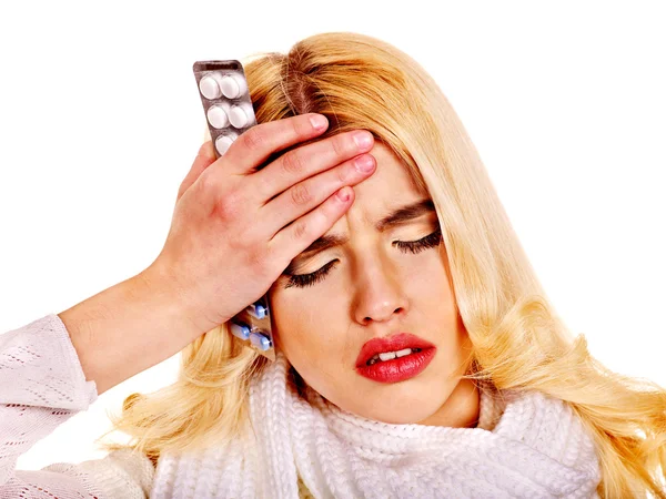 Young woman having flu takes pills. — Stock Photo, Image