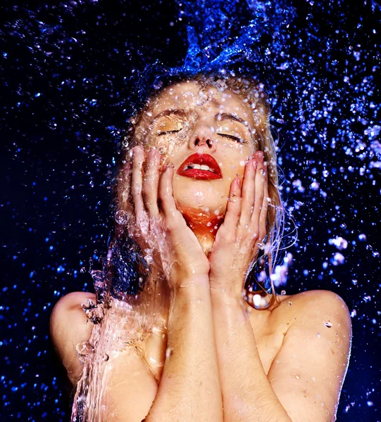 Wet woman face with water drop. — Stock Photo, Image