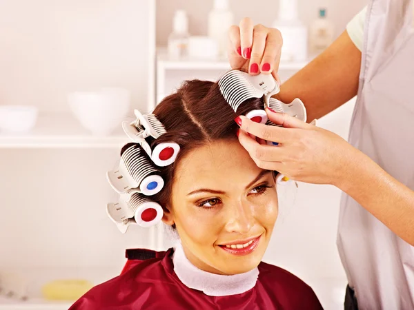 Woman wear hair curlers on head. — Stock Photo, Image