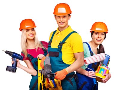 Group people builder with construction tools.
