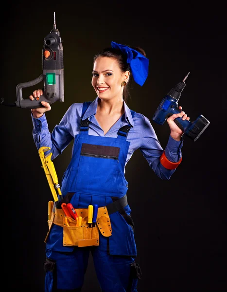 Женщина-строитель со строительными инструментами . — стоковое фото