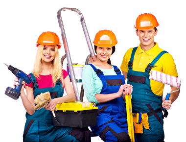Builders with construction tools. clipart