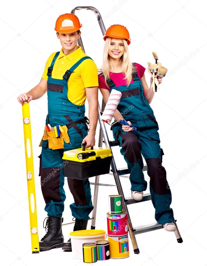 Builders with construction tools.