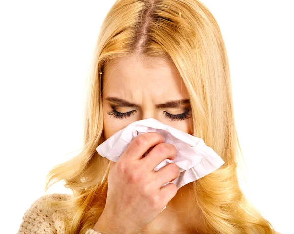 Young woman with handkerchief having cold. — Stock Photo, Image