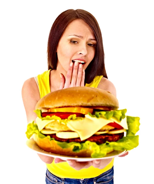 Woman holding hamburger — Stock Photo, Image