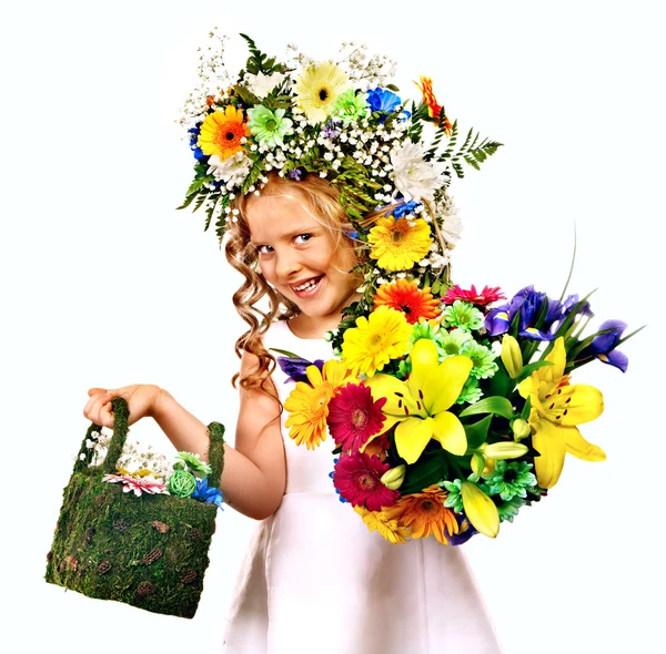 Niño con caja de regalo y flor — Foto de Stock