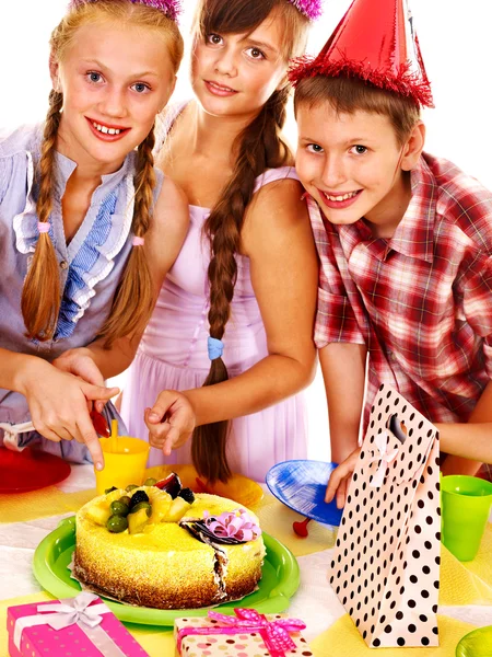 Birthday party group of child with cake. — Stock Photo, Image