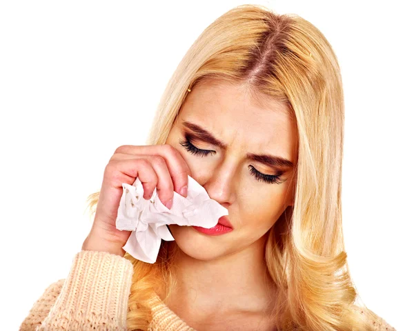 Young woman with handkerchief having cold. — Stock Photo, Image