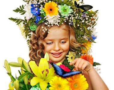 Child with butterfly and flower. clipart