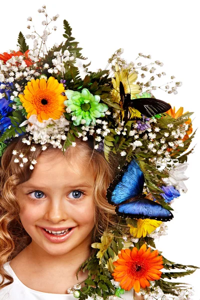 Niño con mariposa y flor . — Foto de Stock