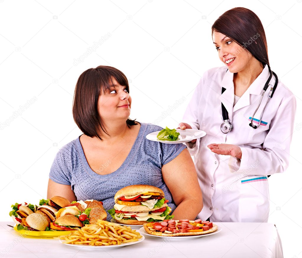 Woman with hamburger and doctor.