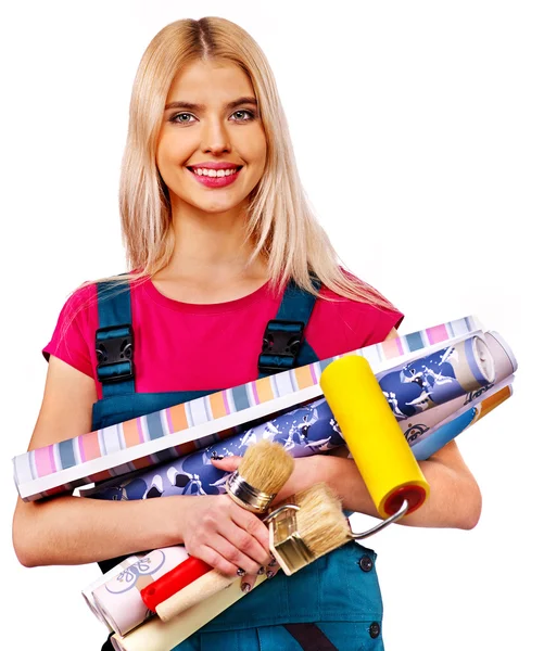 Builder woman with wallpaper. — Stock Photo, Image