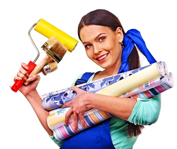 Builder woman with wallpaper. — Stock Photo, Image