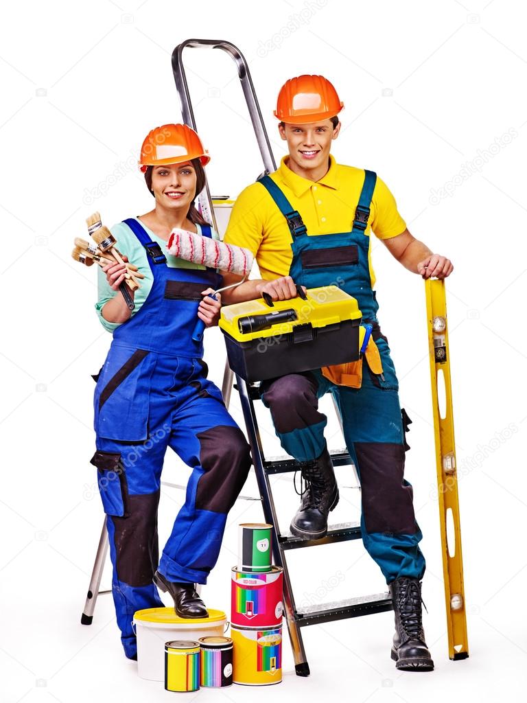 Couple builder  with construction tools.