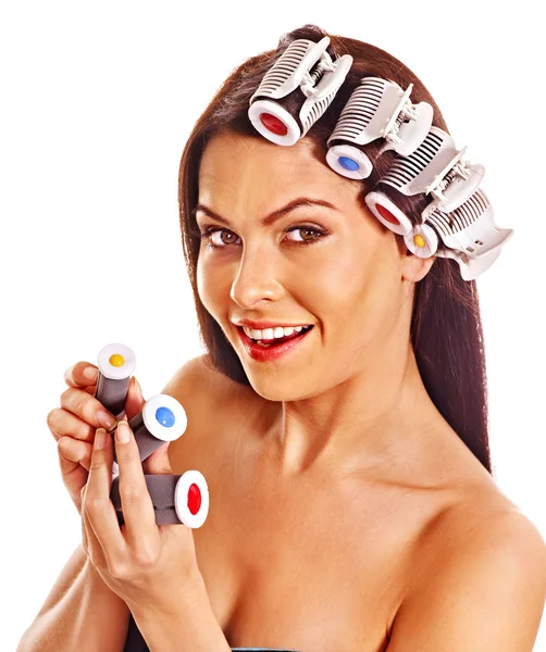 Mulher usar encrespadores de cabelo na cabeça . — Fotografia de Stock