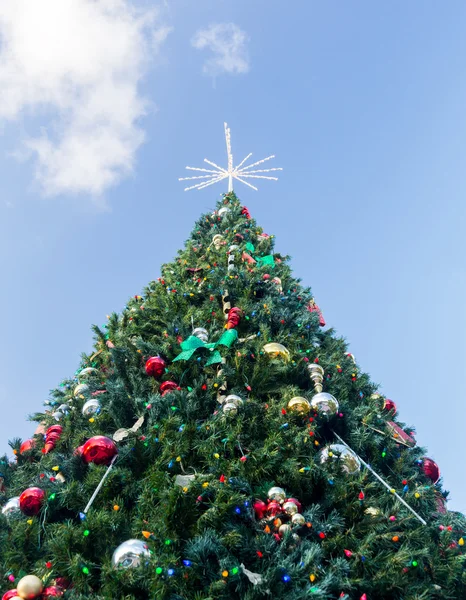 Velké zdobené vnější vánoční strom — Stock fotografie