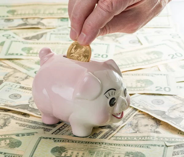 Hand placing gold coin into piggy bank — Stock Photo, Image