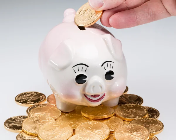 Piggy Bank aranyérme elhelyezése kézzel — Stock Fotó