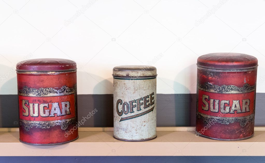 Three tin cans coffee and sugar