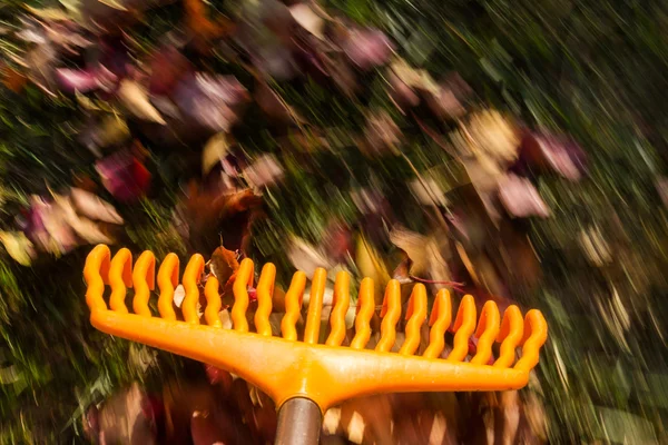 Sfocatura del movimento sulle foglie di rastrello arancione — Foto Stock